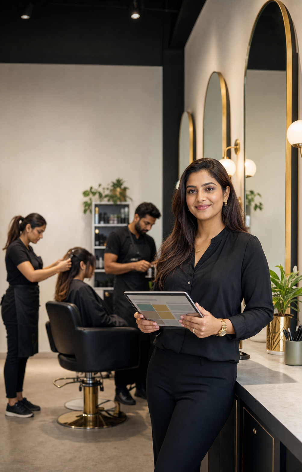 Indian salon owner managing her modern salon workspace
